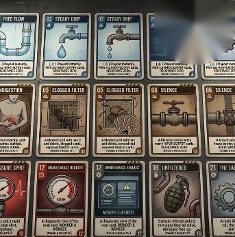 A grid of Free Flow, Steady Drip and Clogged Filter game cards
