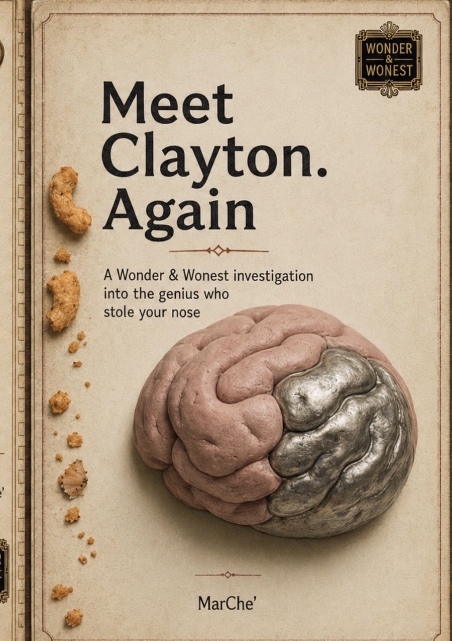 Cover of Meet Clayton. Again, a brain half clay and half tin
