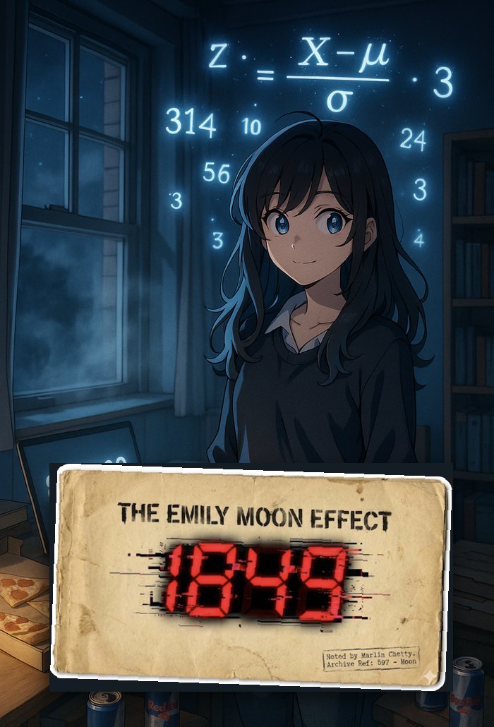 Emily at her desk at night under glowing equations, with The Emily Moon Effect score card