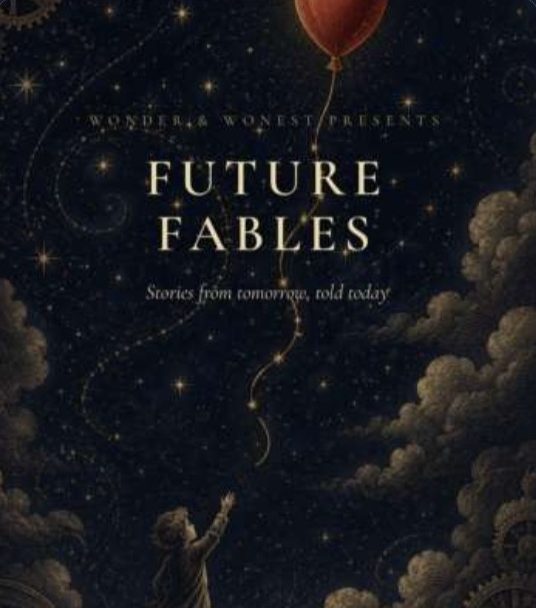 Cover of Future Fables, a child reaching for a red balloon among the stars