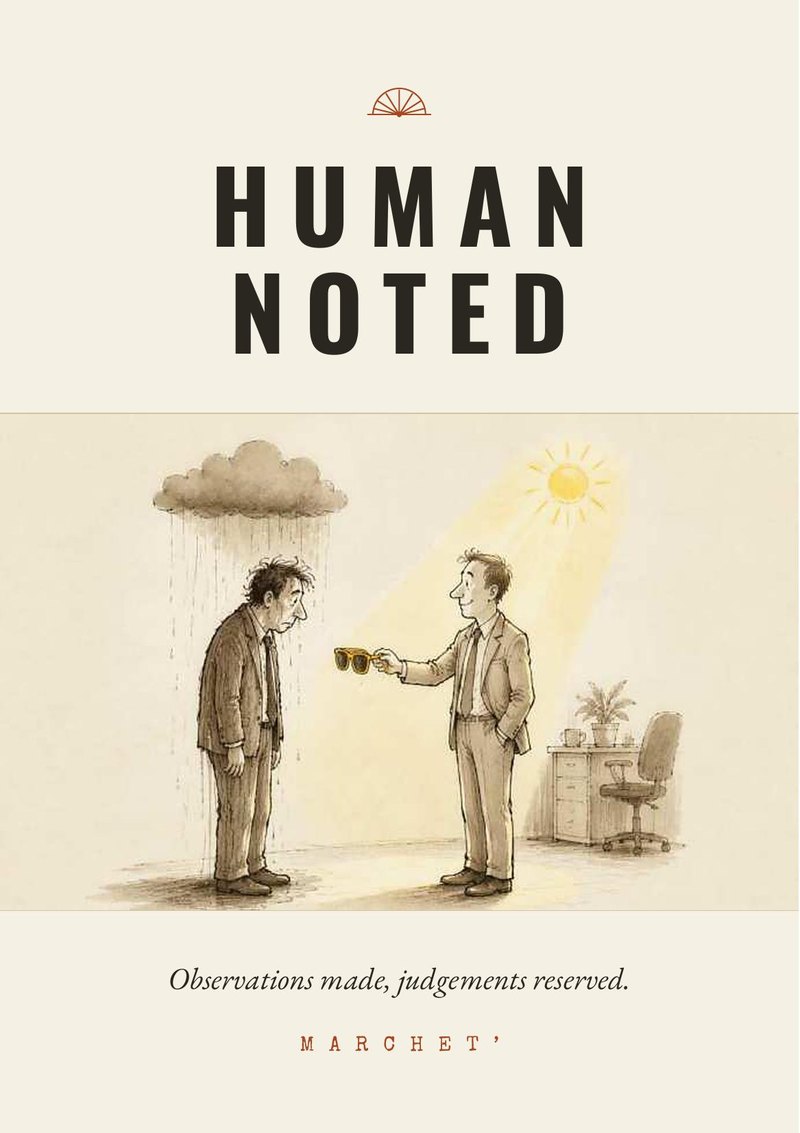 Cover of Human Noted, a man under a raincloud handed a coffee by a man in the sun