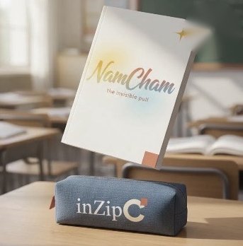 NamCham card leaning on an inZipC pencil case