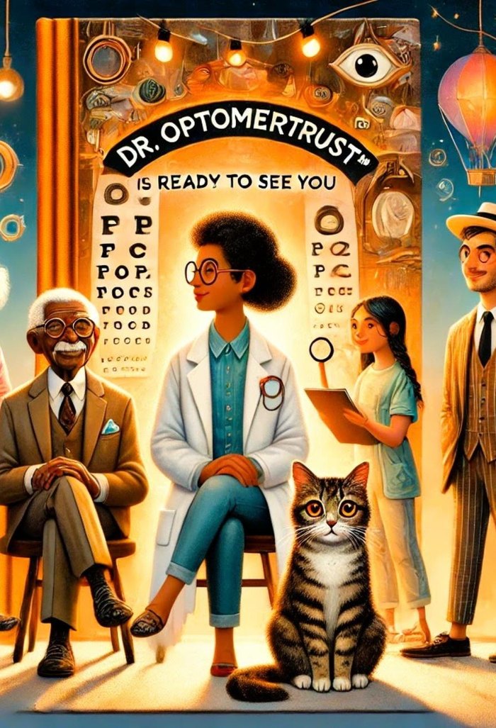 Dr. Optomertrust is ready to see you: a doctor, her patients and a wide-eyed cat in a waiting room full of eye charts