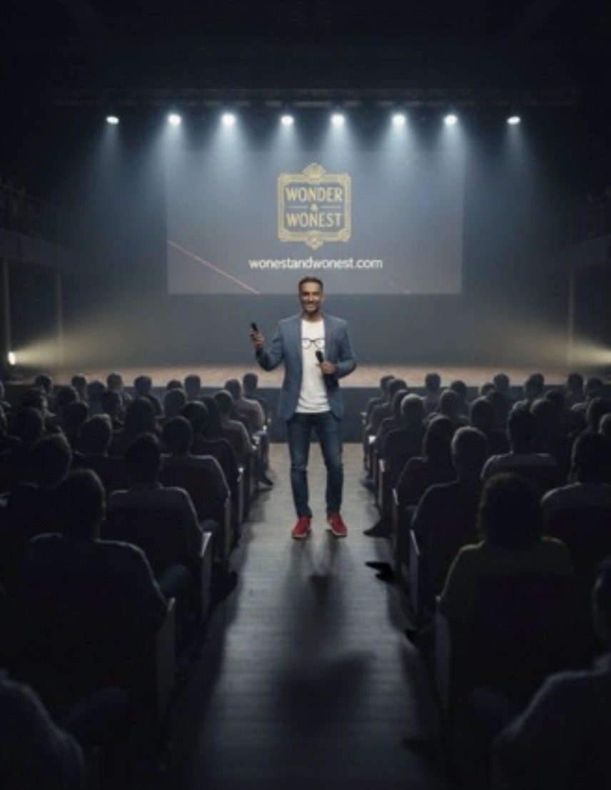 MarChet' speaking on stage in front of the Wonder & Wonest logo